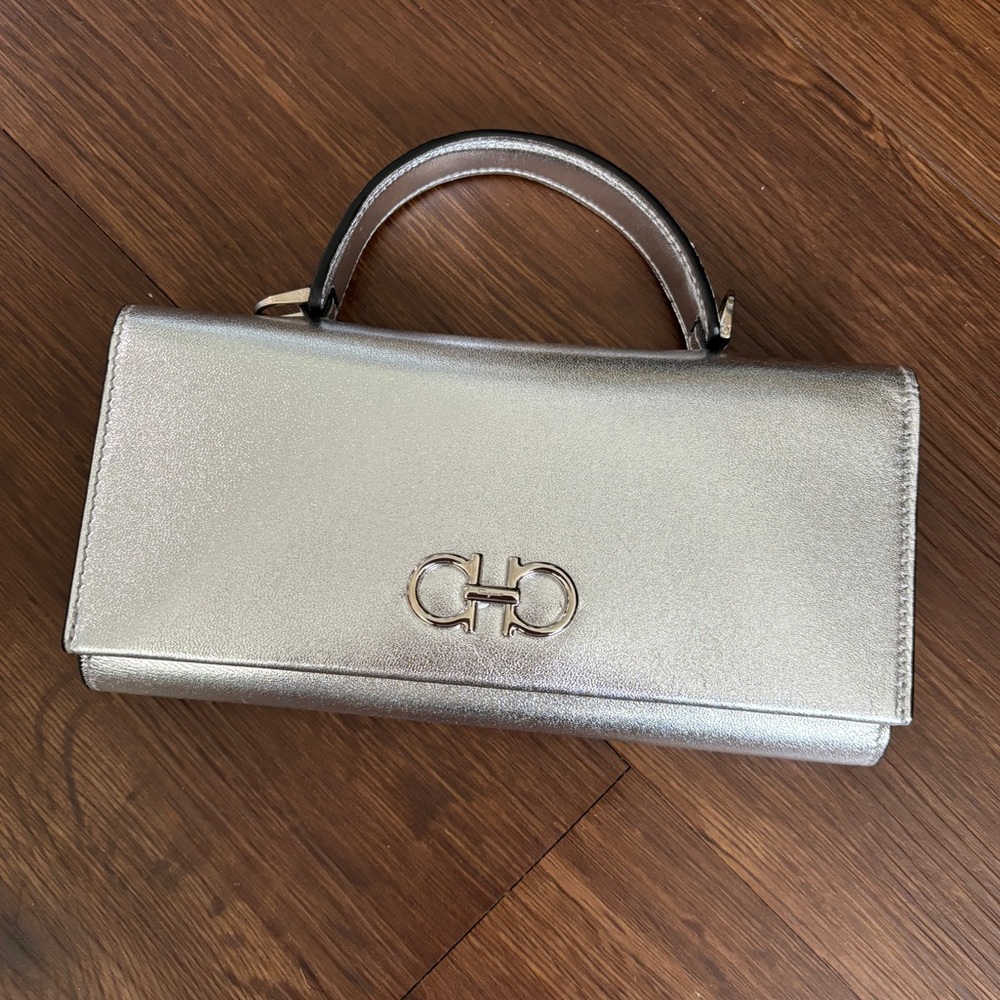 Salvatore Ferragamo Gancini Top Handle Wallet on Strap Metallic Silver Mini Bag